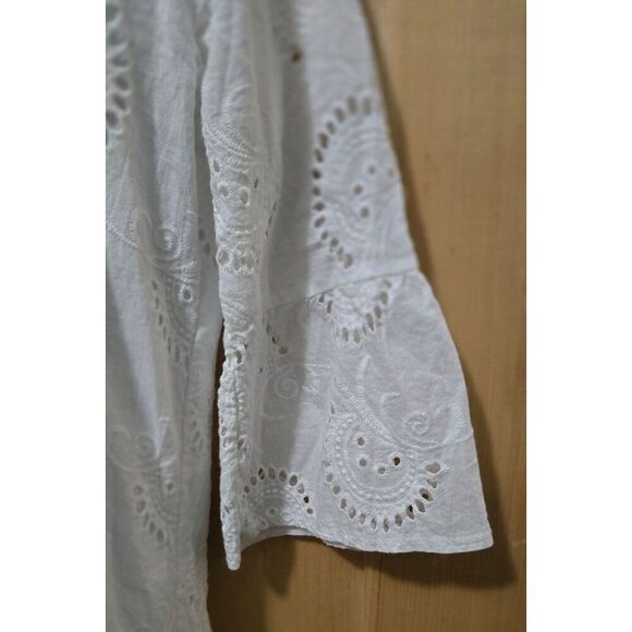 White Embroidered Eyelet Button-Front Midi Dress 3/4 Sleeves Mandarin Collar - Picture 5 of 10